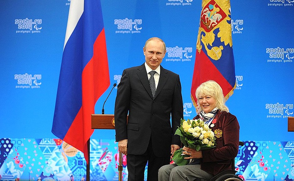 Meeting with XI Winter Paralympics medallists. Oksana Slesarenko, silver medallist in wheelchair curling, was awarded the Medal of the Order for Services to the Fatherland I degree.