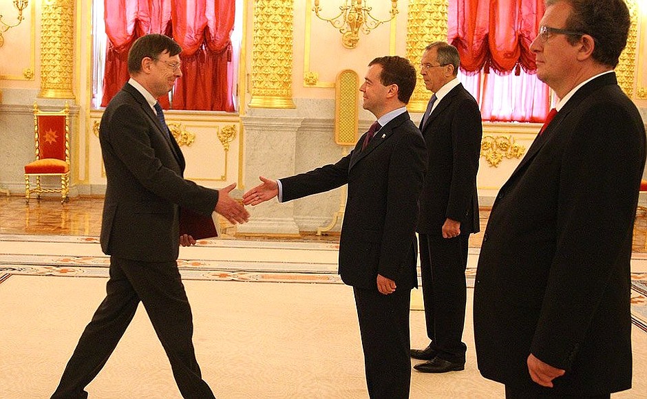 Presentation by foreign ambassadors of their letters of credence. Dmitry Medvedev receives a letter of credence from Ambassador of the Federal Republic of Germany Ulrich Brandenburg.