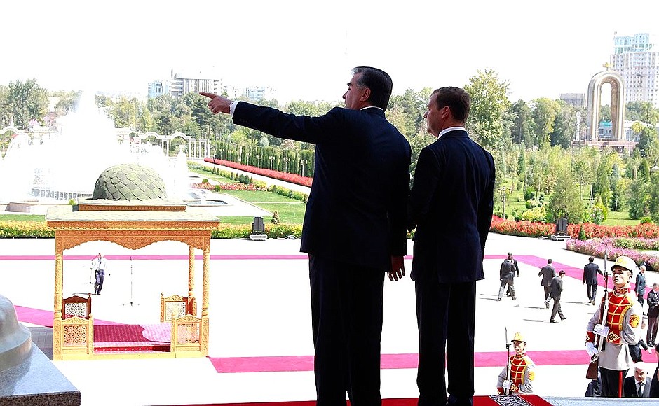 Official welcome ceremony. With President of Tajikistan Emomali Rahmon.