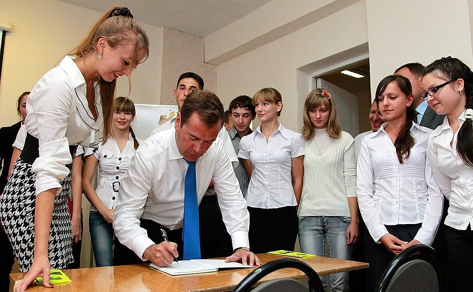 During a visit to general education school No. 19 in the village of Verkhnerusskoye.