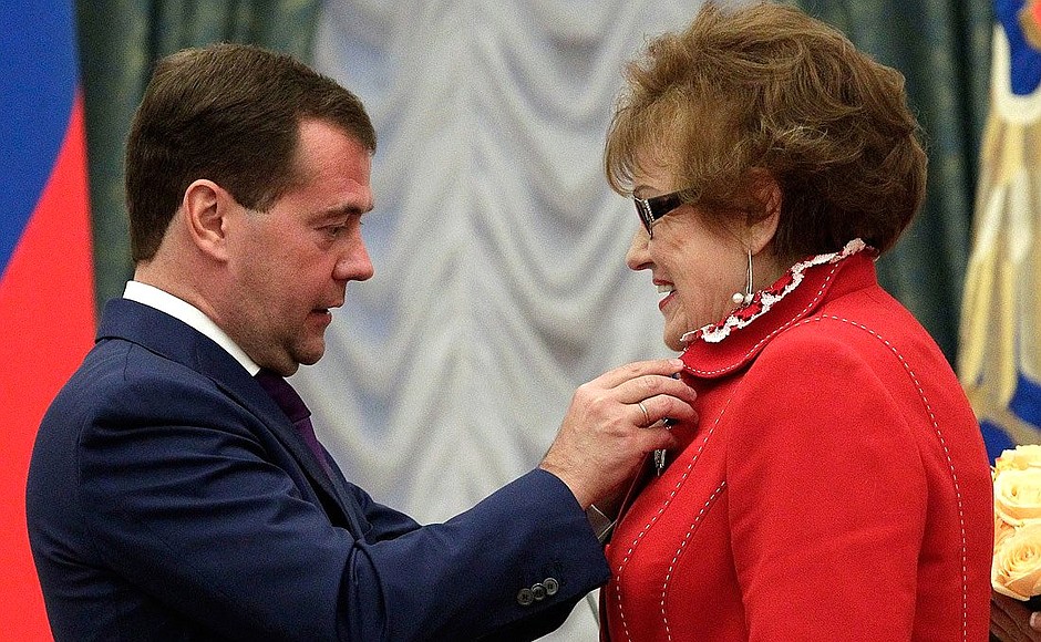 State decorations presentation ceremony. Lyudmila Verbitskaya, president of St Petersburg State University, receives the Order of Honour.