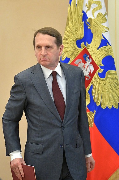 Директор Службы внешней разведки Сергей Нарышкин перед началом совещания с постоянными членами Совета Безопасности.