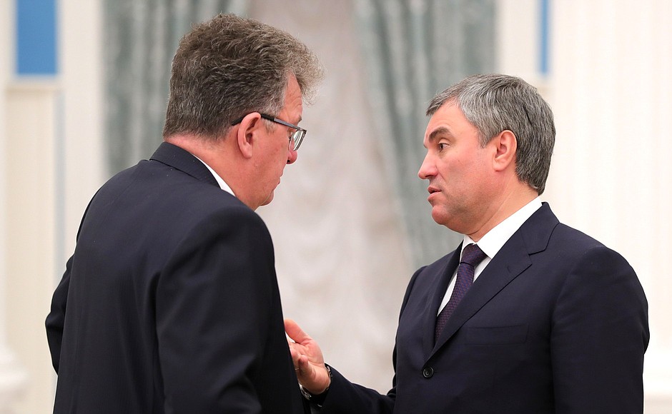 Deputy Prime Minister and Chief of the Government Staff Sergei Prikhodko (left) and State Duma Speaker Vyacheslav Volodin before a meeting of the Council for Strategic Development and Priority Projects.