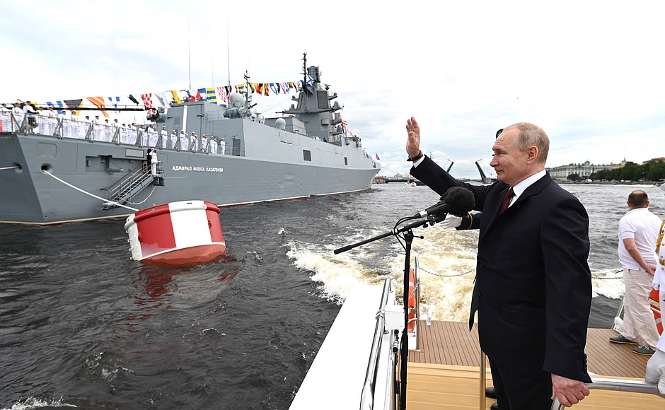 The Main Naval Parade. The President having made his rounds of the parade line of Russia’s military ships along the Neva River saluted the ships’ crews.