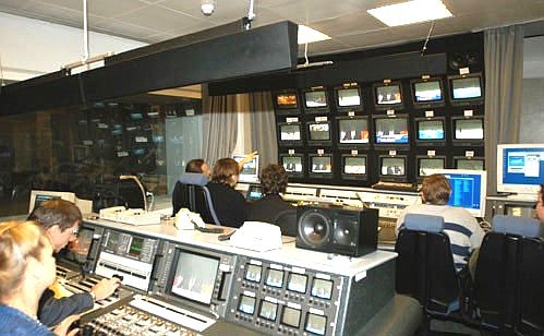 The equipment room of the Kremlin TV studio during President Putin\'s live call-in show.