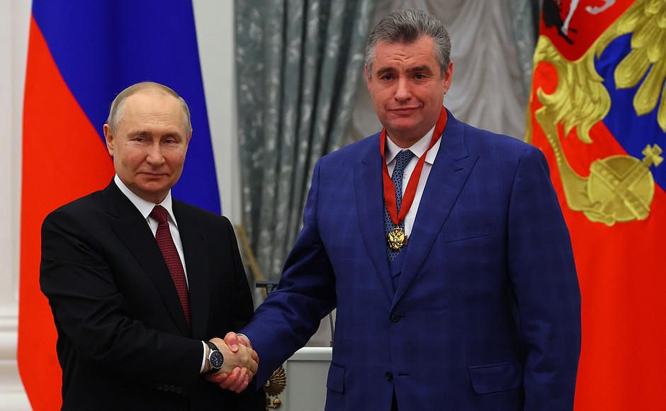 Ceremony for presenting state decorations. The Order for Services to the Fatherland, III degree, is awarded to Leonid Slutsky, head of the Liberal Democratic Party of Russia faction in the State Duma.
