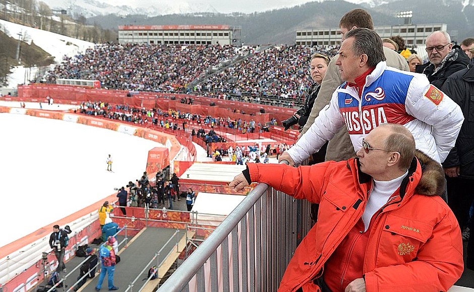 At the super giant slalom event. With Sports Minister Vitaly Mutko.