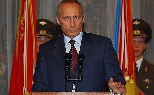 President Putin addressing an official function marking the 60th anniversary of the Battle of Kursk.