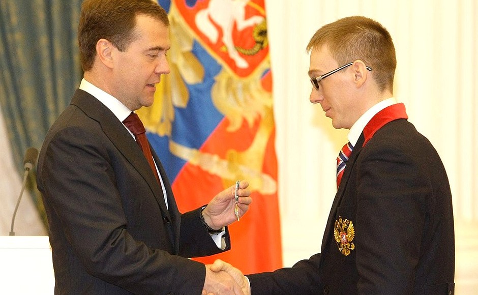 Ceremony presenting state decorations to medal winners at the X Paralympic Games in Vancouver. Nikolai Polukhin, who won one gold, two silvers, and one bronze medal, was awarded the Order of Friendship.