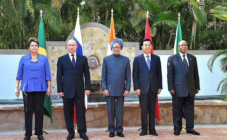 Participants in the meeting of BRICS leaders: President of Brazil Dilma Rousseff, President of Russia Vladimir Putin, Prime Minister of India Manmohan Singh, President of the People’s Republic of China Hu Jintao, and President of the Republic of South Africa Jacob Zuma.