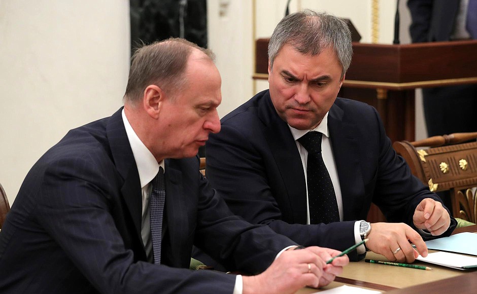 Secretary of the Security Council Nikolai Patrushev and Speaker of the Federal Assembly State Duma Vyacheslav Volodin at the meeting with permanent members of the Security Council.