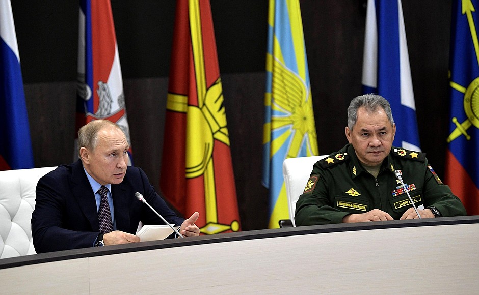 With Defence Minister Sergei Shoigu at the meeting with Defence Ministry leadership and defence industry heads.