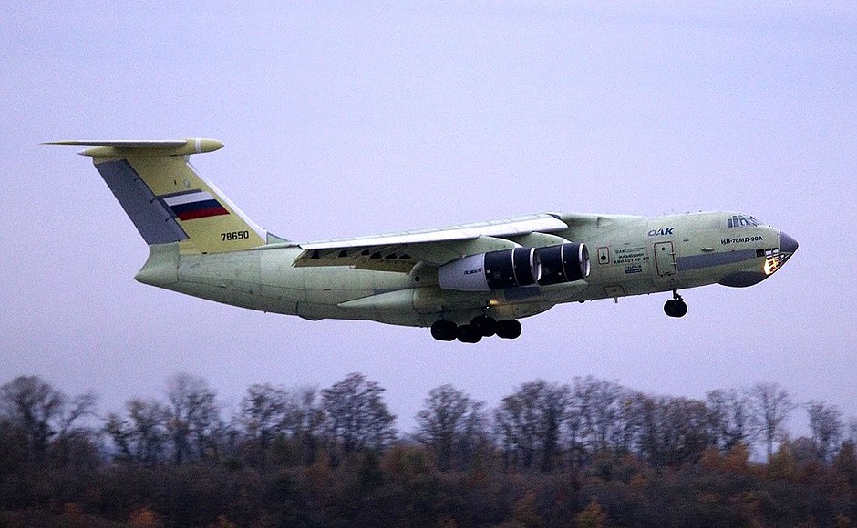 During the demonstration flight of a new Il-76MD-90A transport aircraft.
