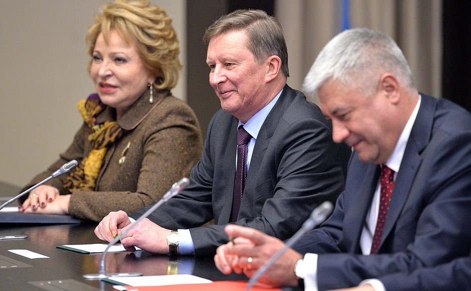 Federation Council Speaker Valentina Matviyenko, Chief of Staff of the Presidential Executive Office Sergei Ivanov and Interior Minister Vladimir Kolokoltsev before the meeting with permanent members of the Security Council.