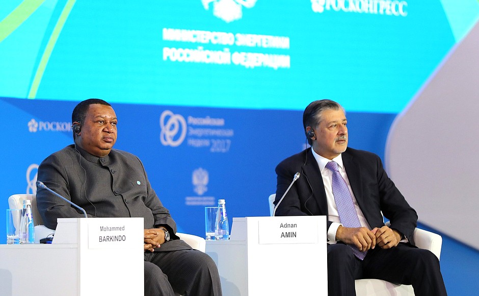 OPEC Secretary General Mohammed Sanusi Barkindo and Director General of the International Renewable Energy Agency (IRENA) Adnan Z. Amin during the Energy for Global Growth plenary session at the first Russian Energy Week Energy Efficiency and Energy Development International Forum.