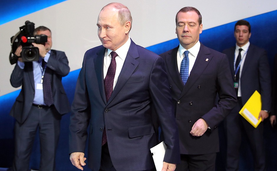 With Prime Minister Dmitry Medvedev before the plenary meeting of the 19th United Russia party congress.
