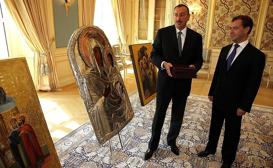 Ilham Aliyev handed over to Dmitry Medvedev five Orthodox icons, confiscated earlier by Azerbaijani customs officers from people attempting to smuggle them out of Russia.