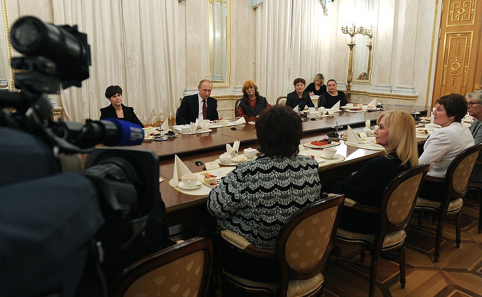 At a meeting at the Kremlin with women whose children have achieved outstanding results in the arts, science, sport, or been awarded the title Hero of Russia.
