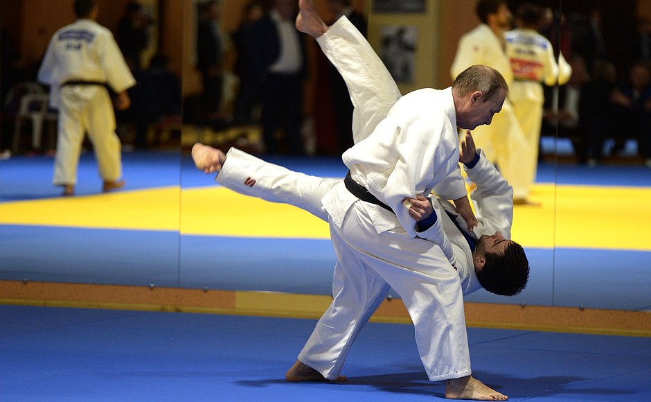 Vladimir Putin took part in a training session with judo players.
