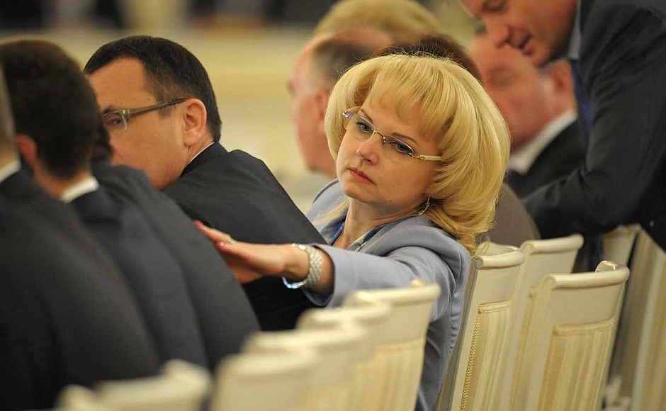 Accounts Chamber Chairperson Tatyana Golikova at a joint meeting of the State Council and the Presidential Council for the Implementation of Priority National Projects and Demographic Policy.