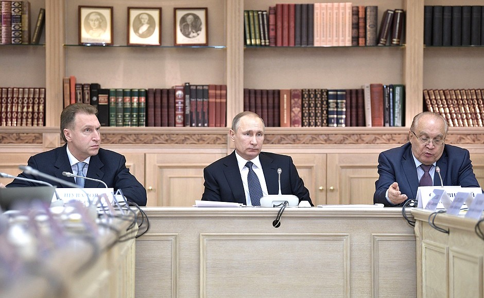 Meeting of the Moscow State University Board of Trustees. With First Deputy Prime Minister Igor Shuvalov (left) and Moscow State University Rector Viktor Sadovnichy.