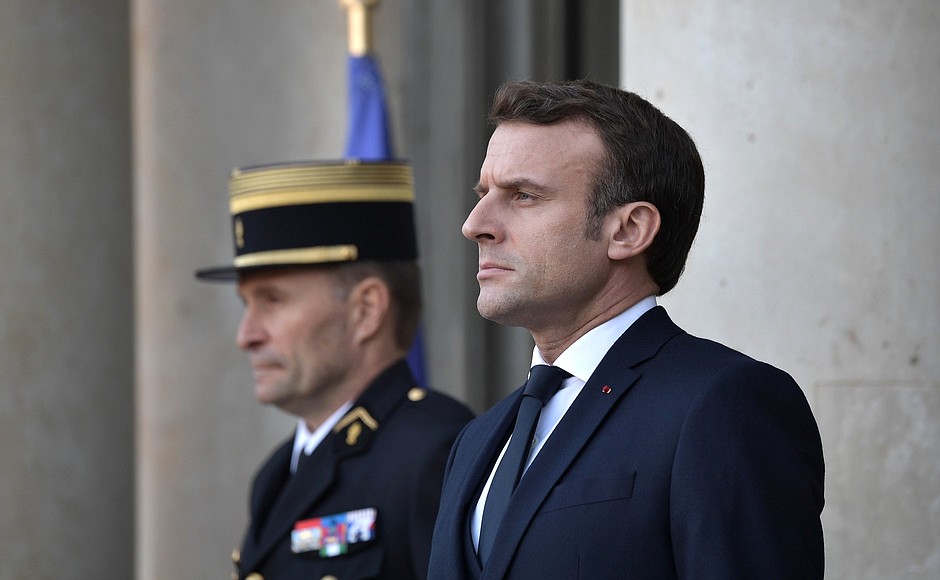 President of France Emmanuel Macron before the Normandy format meeting.