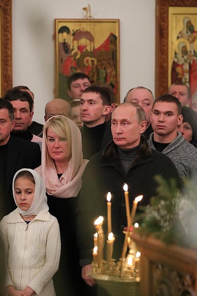 Vladimir Putin attended Christmas mass at Spassky Cathedral in St George's (Yuriev) Monastery.