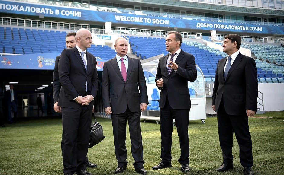 At Fisht Stadium with FIFA President Gianni Infantino, Governor of the Krasnodar Territory Veniamin Kondratyev and Presidential Aide Igor Levitin (right).