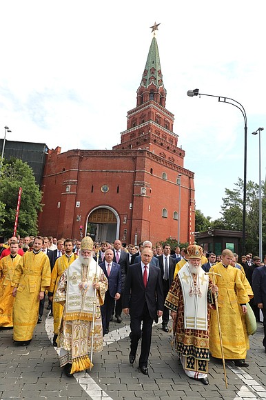 With Patriarch of Moscow and All Russia Kirill, right, and Patriarch of Alexandria and All Africa Theodore II during the event to mark the 1030th anniversary of the Baptism of Rus.