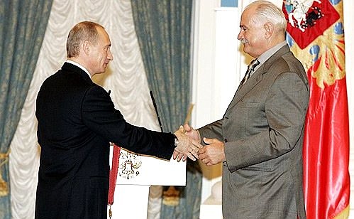 Russian Federation state decorations presentation ceremony. Film director Nikita Mikhalkov receives the Order for Services to the Fatherland second degree.