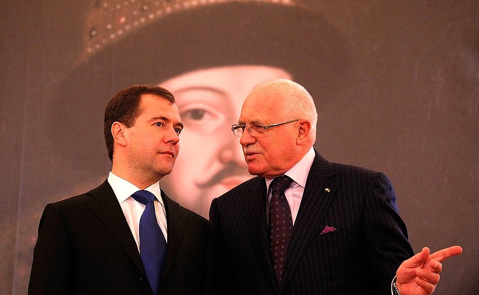 With Czech Republic President Vaclav Klaus at the opening of the Treasures of the Moscow Kremlin exposition.