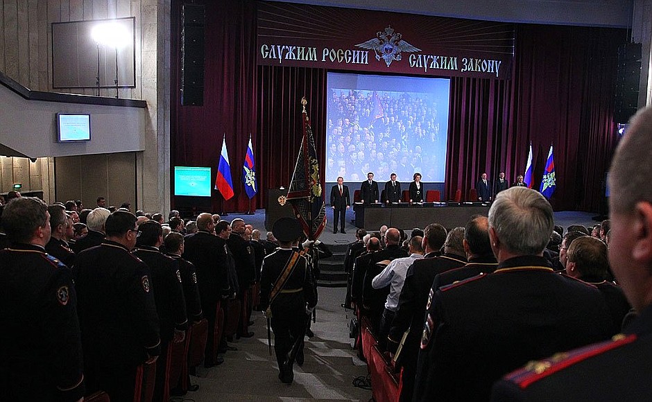 Vladimir Putin presented Interior Minister Vladimir Kolokoltsev with the Interior Ministry Banner – the ministry’s official symbol.