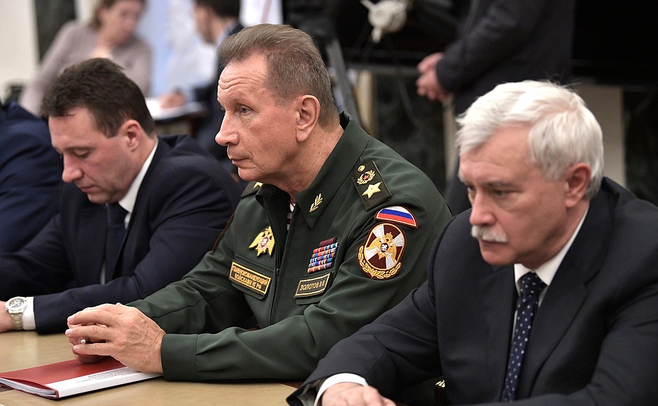 Before the Security Council meeting. From left: Presidential Plenipotentiary Envoy to the Urals Federal District Igor Kholmanskikh, Director of the Federal National Guard Service and Commander-in-Chief of the National Guard Viktor Zolotov and St Petersburg Governor Georgy Poltavchenko.