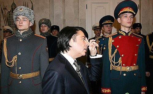 Fashion designer Valentin Yudashkin at an inspection by the President of the new Russian Armed Forces uniforms.