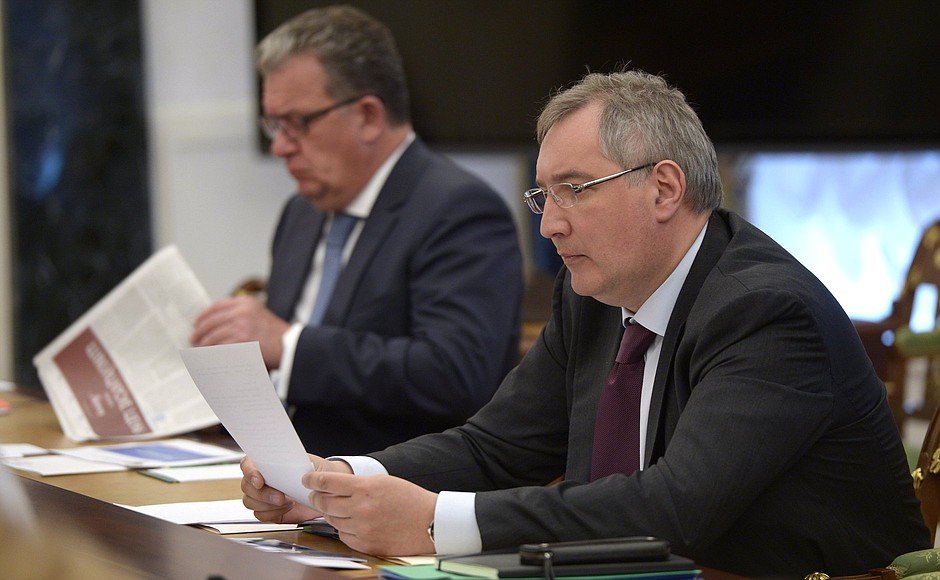 Deputy Prime Minister and Government Chief of Staff Sergei Prikhodko and Deputy Prime Minister Dmitry Rogozin before the meeting with Government members.
