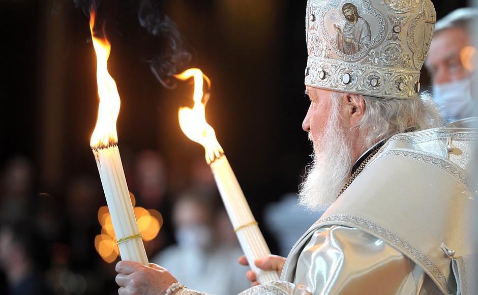 Patriarch Kirill of Moscow and All Russia during Easter service at the Christ the Saviour Cathedral.