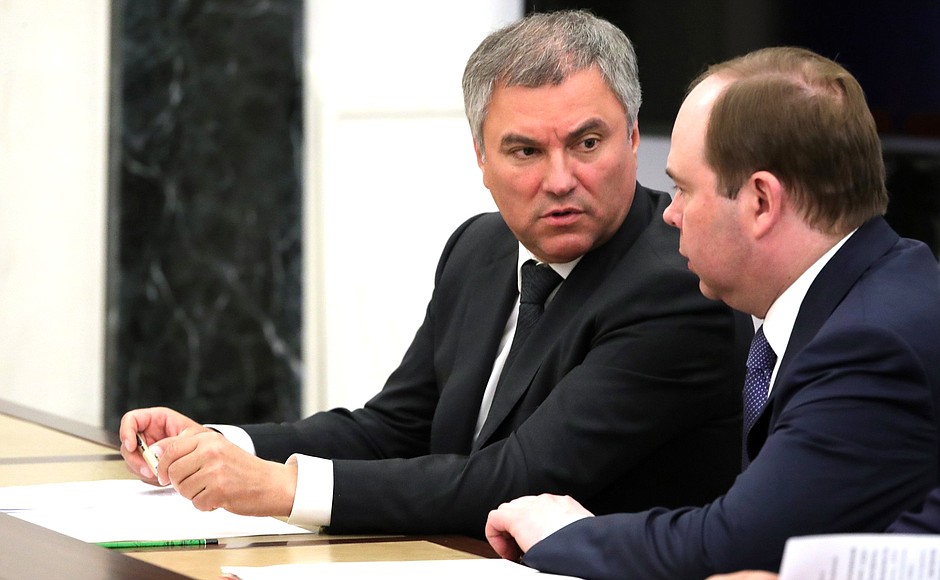 State Duma Speaker Vyacheslav Volodin (left) and Chief of Staff of the Presidential Executive Office Anton Vaino before the meeting with permanent members of the Security Council.