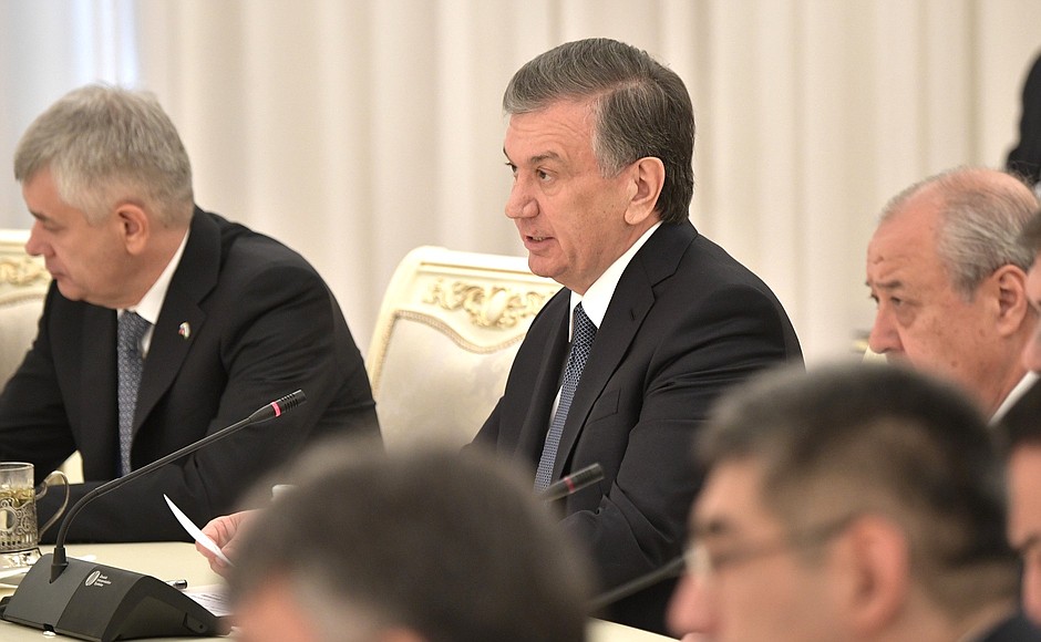 President of Uzbekistan Shavkat Mirziyoyev at Russian-Uzbekistani talks in an expanded format.