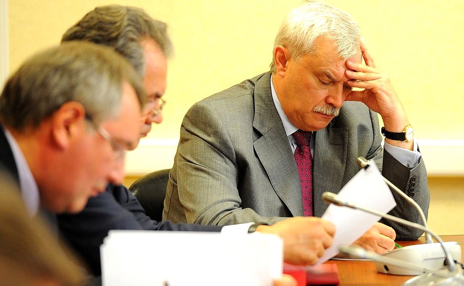 At a meeting on implementing the 2011–2020 state arms procurement programme. From left to right: Deputy Prime Minister Dmitry Rogozin, Defence Minister Sergei Shoigu, Governor of St Petersburg Georgy Poltavchenko.