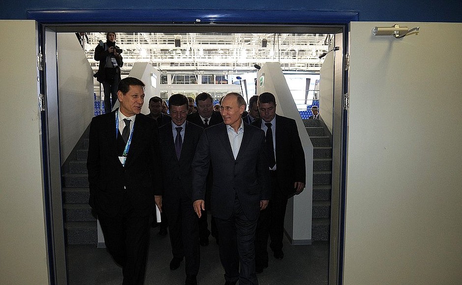 Inspecting Olympic facilities of the coastal cluster in the Imeretin Valley. Vladimir Putin at the small Shaiba ice hockey rink.