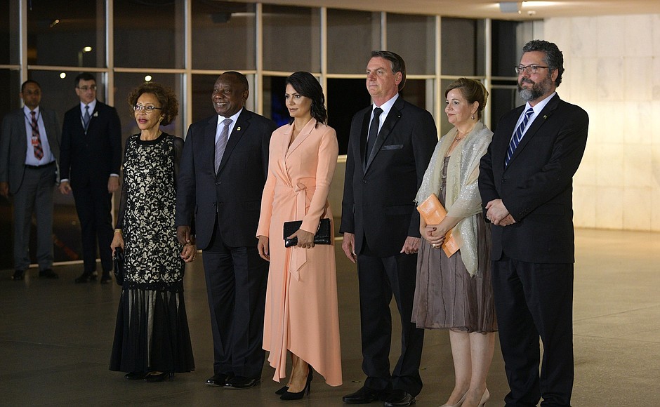 President of the Republic of South Africa Cyril Ramaphosa and his spouse, President of Brazil Jair Bolsonaro and his spouse and Minister of Foreign Affairs of Brazil Ernesto Araujo with his spouse before a concert on the occasion of the BRICS summit.