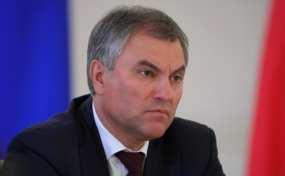 State Duma Speaker Vyacheslav Volodin at a joint meeting of the State Council and the Commission for Monitoring Targeted Socioeconomic Development Indicators.