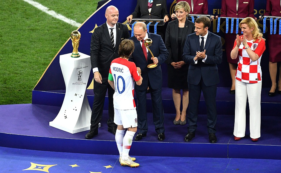 The awards ceremony of the 2018 FIFA World Cup Russia. Vladimir Putin presents the FIFA World Cup 2018 Golden Ball to Luka Modric (Croatia) named the best player of the tournament.