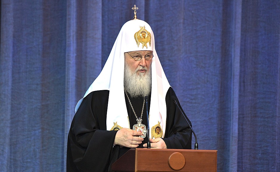Patriarch Kirill of Moscow and All Russia at the gathering in honour of the 10th anniversary of the Russian Orthodox Church Local Council and the Patriarch's enthronement.