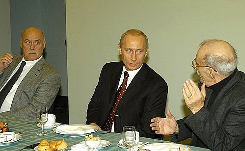 President Putin talking with Russian film makers. On the left is film director Stanislav Govorukhin.