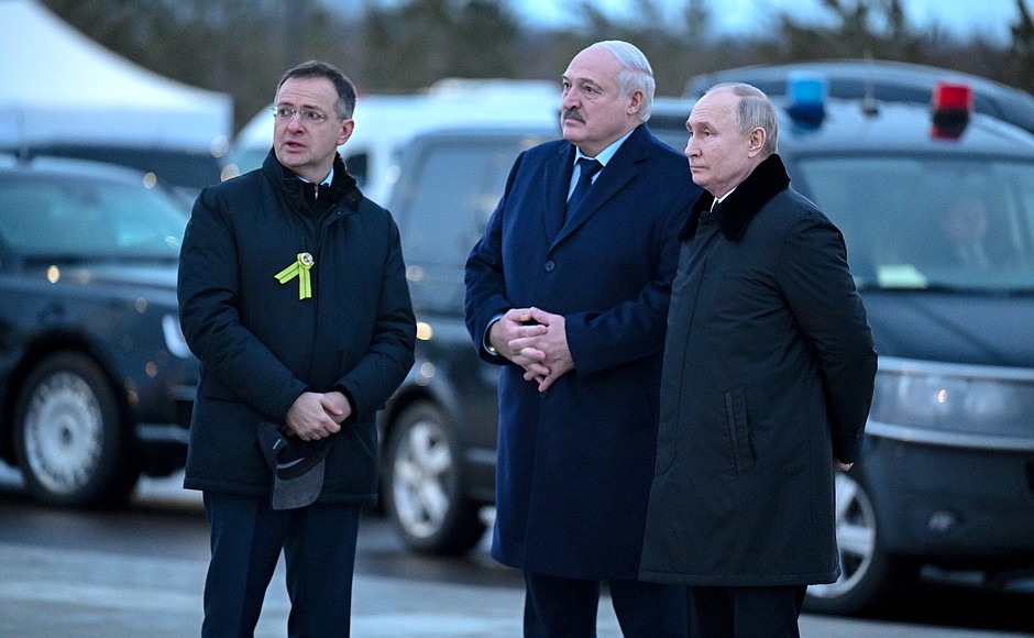 With President of Belarus Alexander Lukashenko and Presidential Aide, Chair of the Russian Military Historical Society Vladimir Medinsky (left) before the ceremony to unveil the memorial to the USSR civilians who fell victim of the Nazi genocide during the Great Patriotic War.