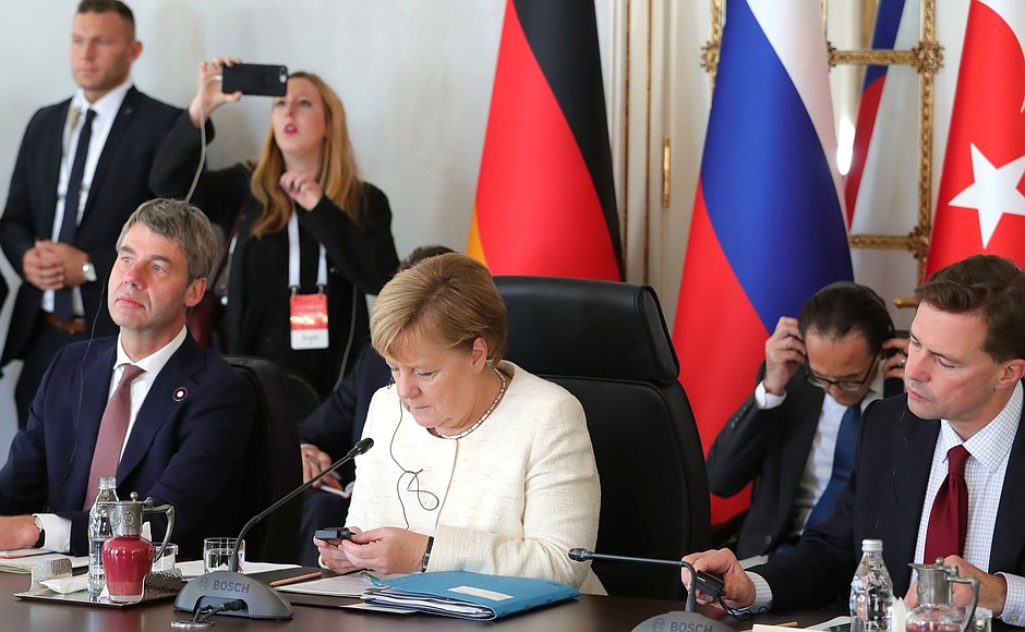 Federal Chancellor of Germany Angela Merkel at the meeting of the leaders of Russia, Turkey, Germany and France.