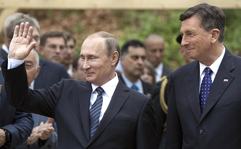 With President of Slovenia Borut Pahor (right), before the memorial ceremony marking the 100th anniversary of the Russian chapel near the Vršič Pass.