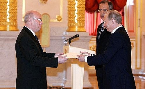 Ceremony for the presentation by foreign ambassadors of their letters of credentials. Ambassador of Andorra Pere Joan Tomas Sogero presents his letter of credentials. In the background is Russian Foreign Minister Sergei Lavrov.