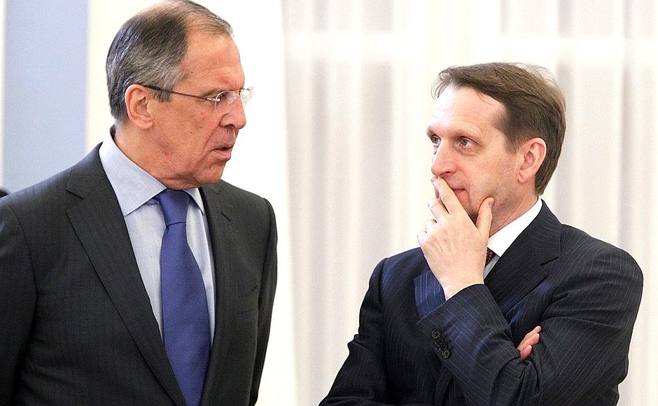 Foreign Minister Sergei Lavrov and State Duma Speaker Sergei Naryshkin before the Security Council meeting.